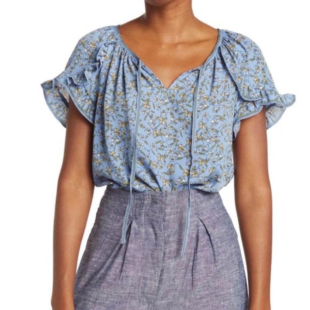 Max Studio Blouse XL Blue Floral Ruffle Sleeve Tie Neck Cottagecore Peasant